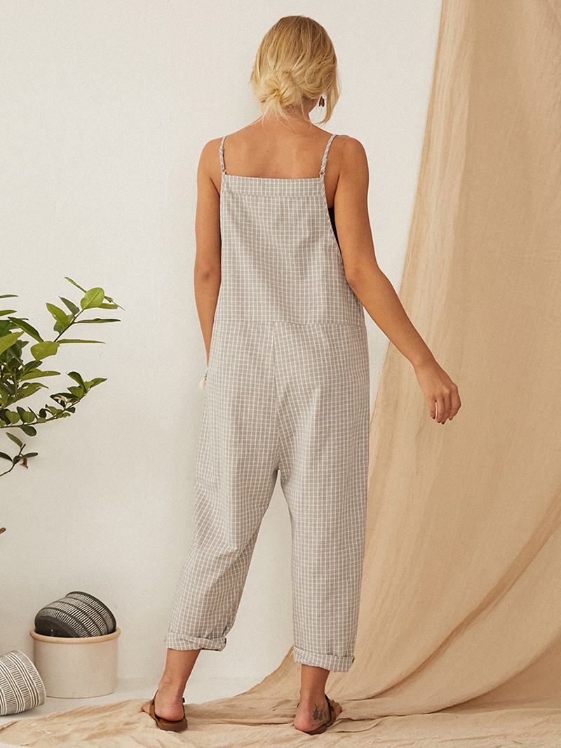 Casual Lösa Plädade Remmar Harem Jumpsuits Med Främre Ficka Overaller För Kvinnor