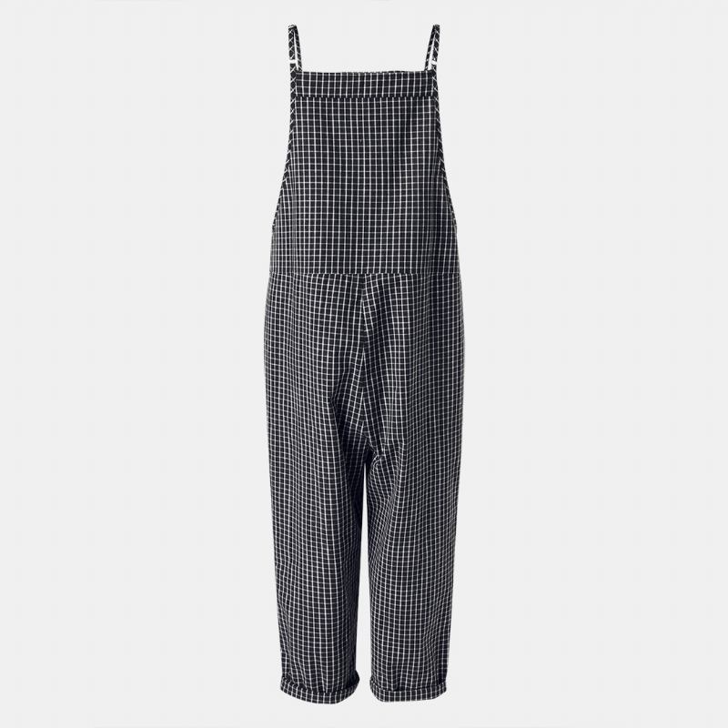 Casual Lösa Plädade Remmar Harem Jumpsuits Med Främre Ficka Overaller För Kvinnor