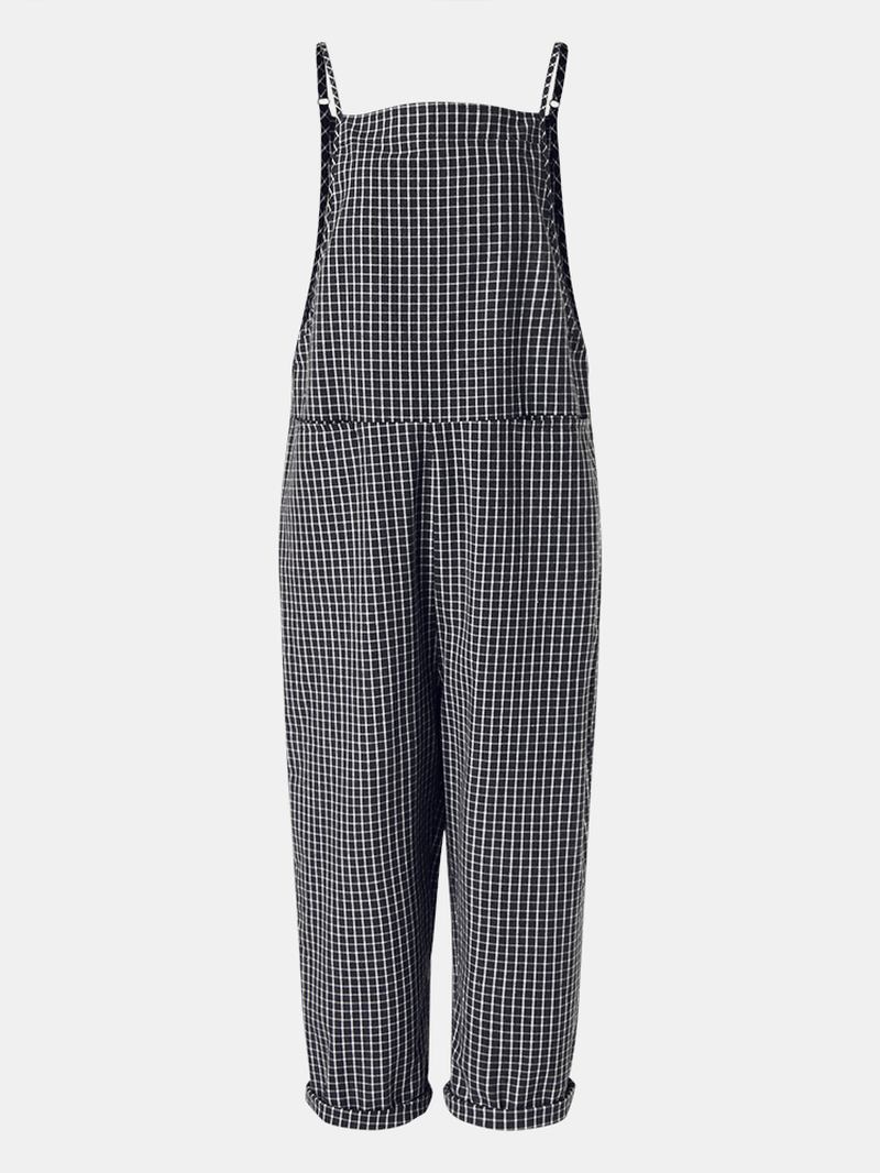 Casual Lösa Plädade Remmar Harem Jumpsuits Med Främre Ficka Overaller För Kvinnor