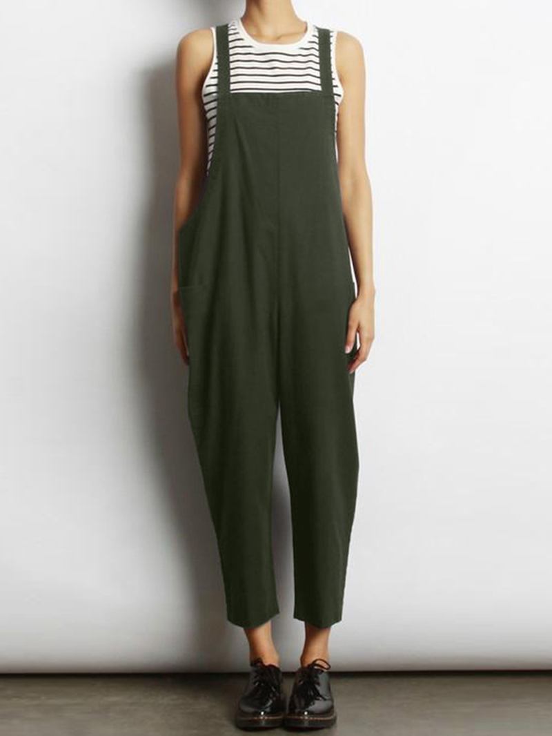 Kvinnor Ärmlös Cross Back Overall Jumpsuit Med Fickor