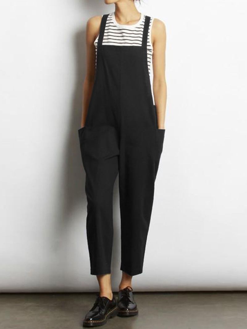 Kvinnor Ärmlös Cross Back Overall Jumpsuit Med Fickor