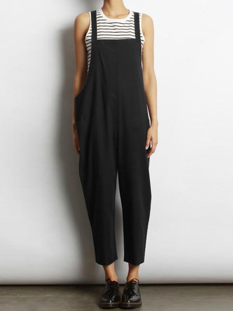 Kvinnor Ärmlös Cross Back Overall Jumpsuit Med Fickor