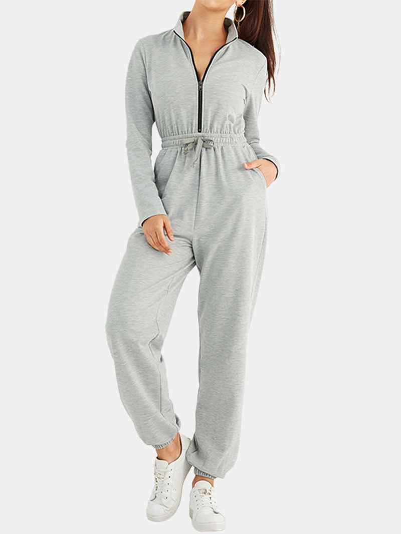 Kvinnor Enfärgad Dragkedja Ficka Långärmad Sport Casual Jumpsuit