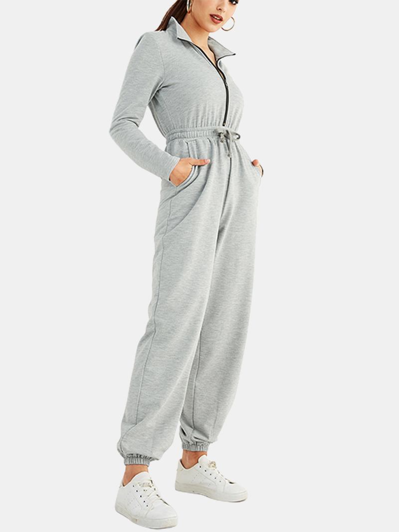 Kvinnor Enfärgad Dragkedja Ficka Långärmad Sport Casual Jumpsuit