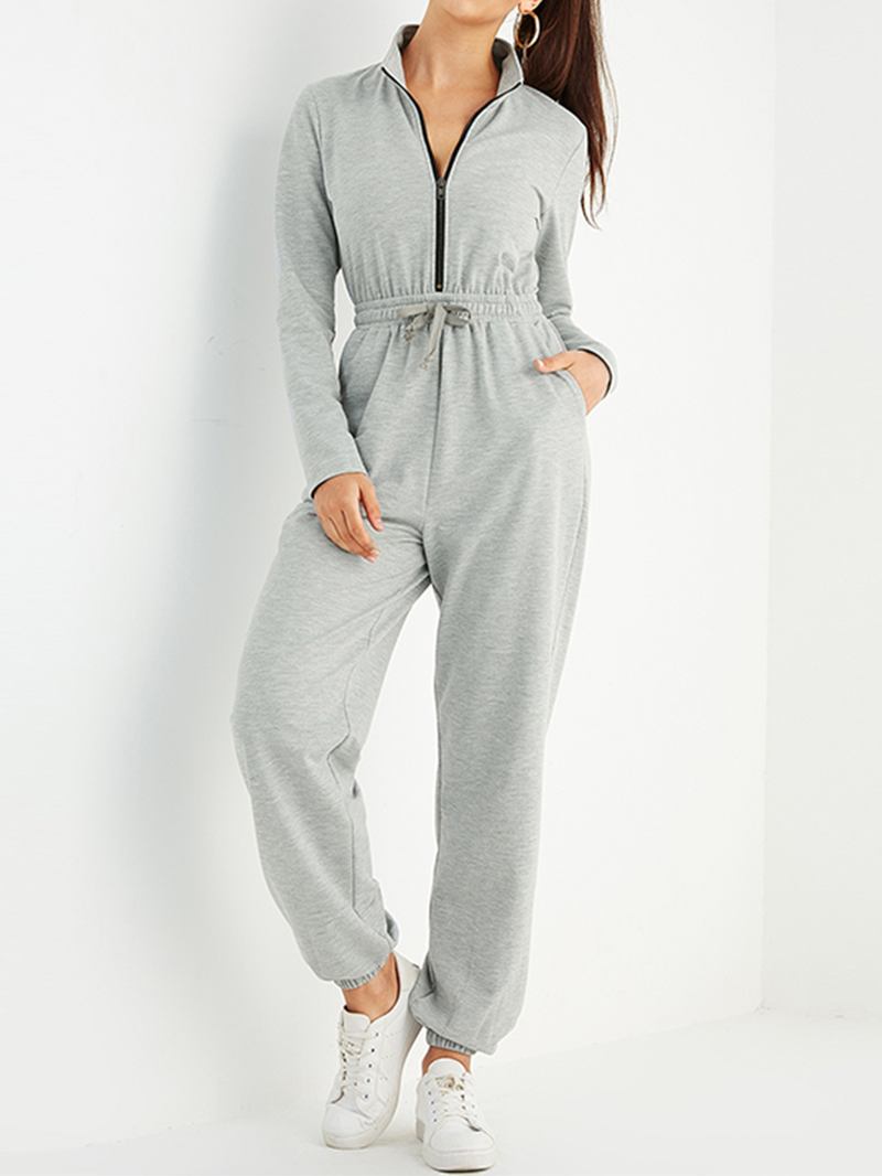 Kvinnor Enfärgad Dragkedja Ficka Långärmad Sport Casual Jumpsuit