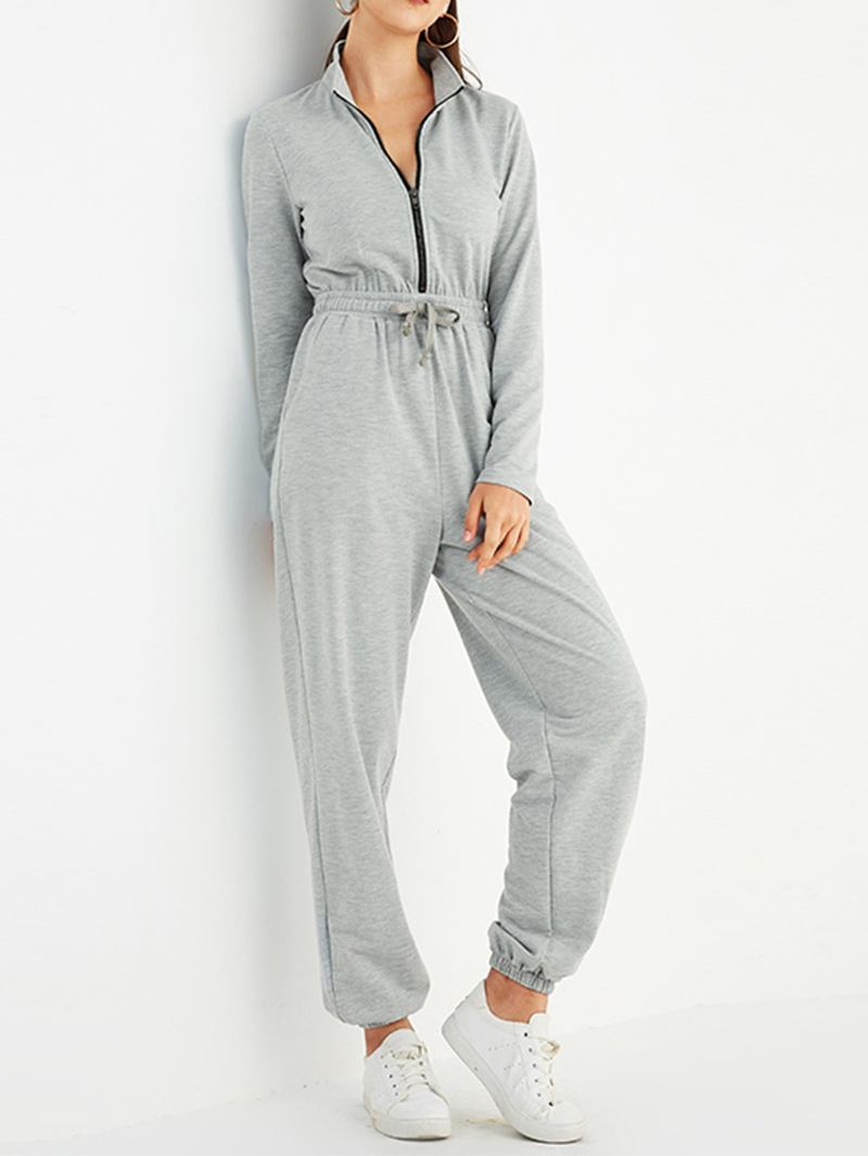 Kvinnor Enfärgad Dragkedja Ficka Långärmad Sport Casual Jumpsuit