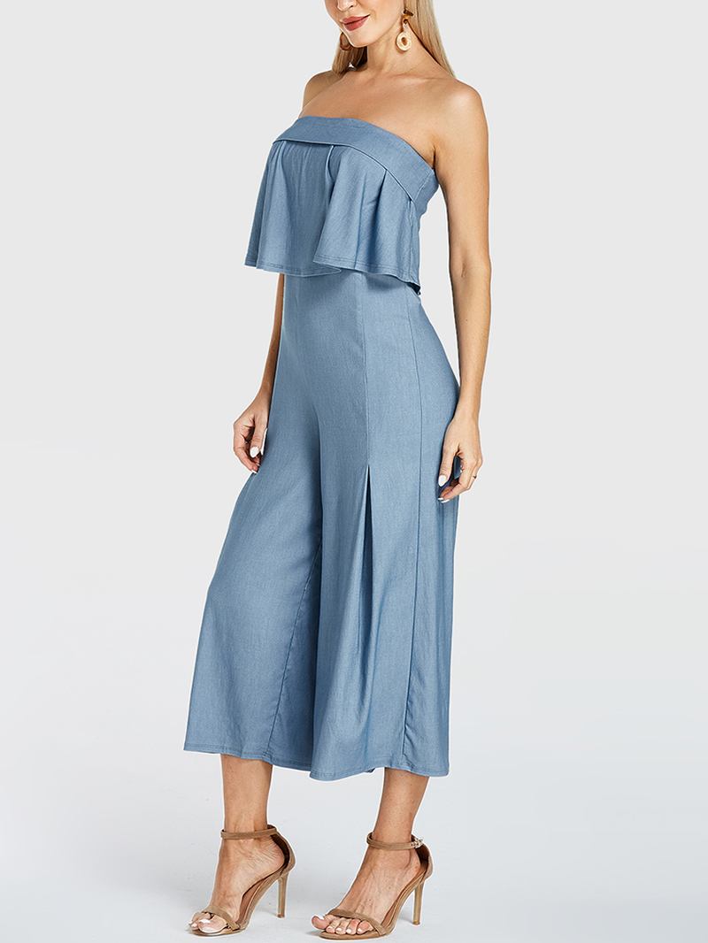 Kvinnor Enfärgad Volang Plisserad Off Shoulder Lång Casual Jumpsuit