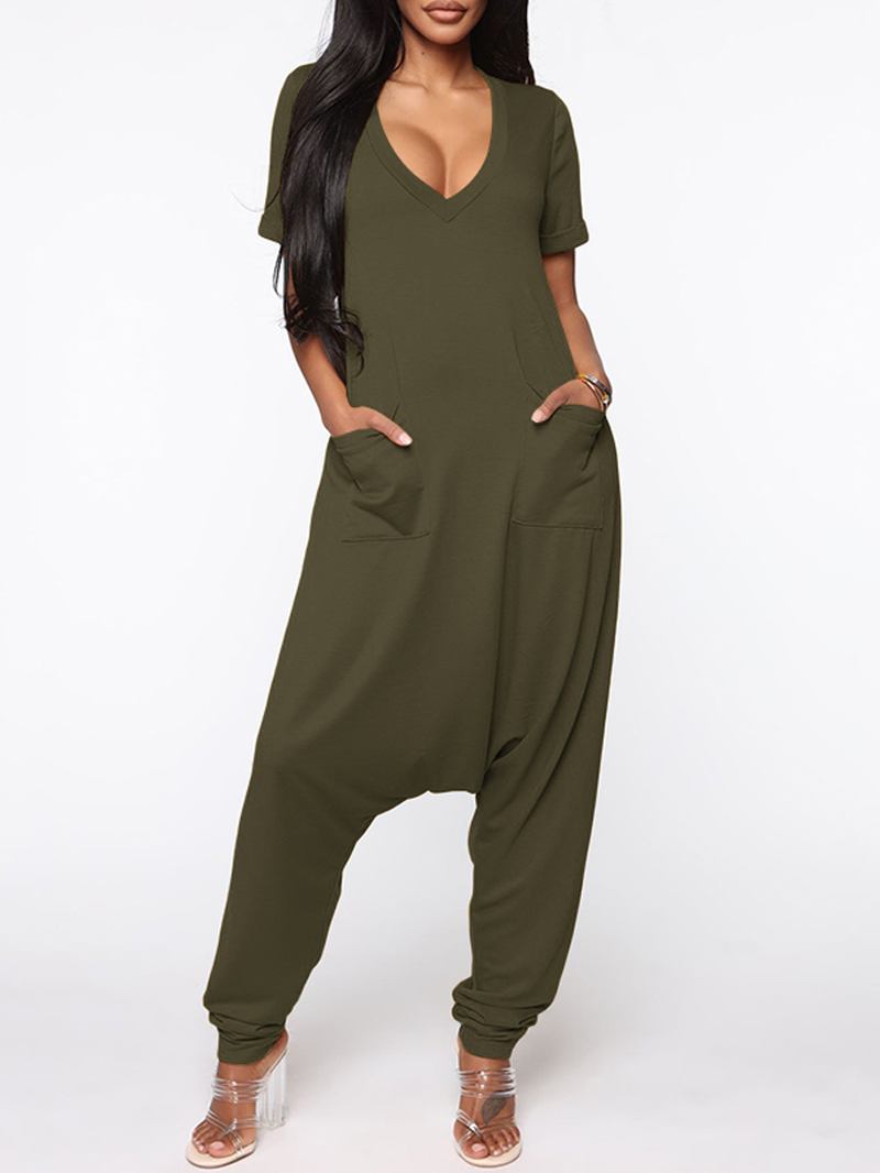 Kvinnor Kortärmad V-hals Loose Pocket Harem Jumpsuits