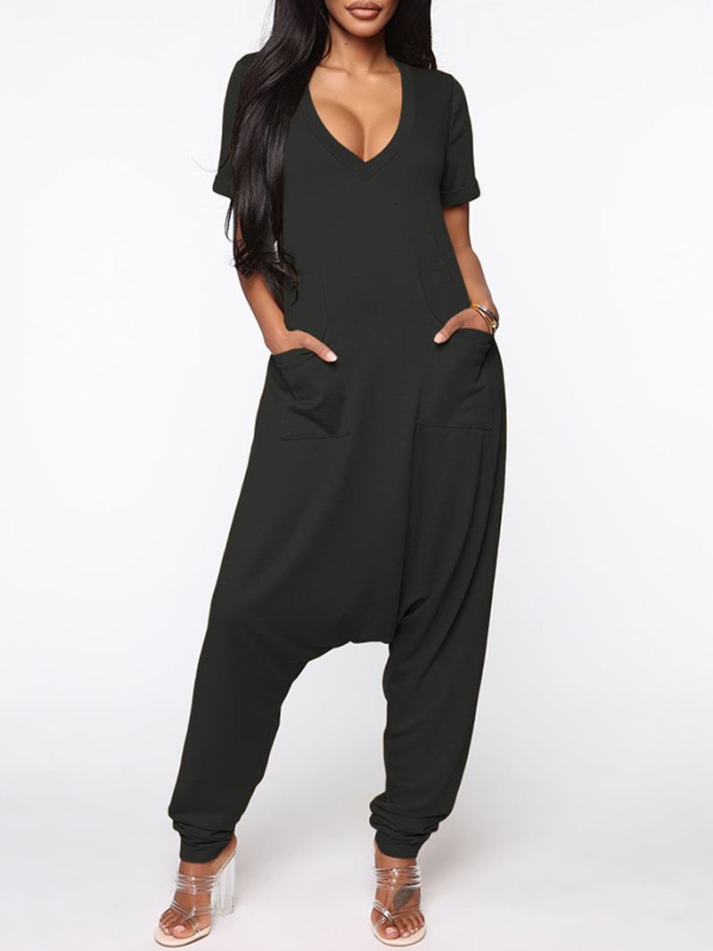 Kvinnor Kortärmad V-hals Loose Pocket Harem Jumpsuits