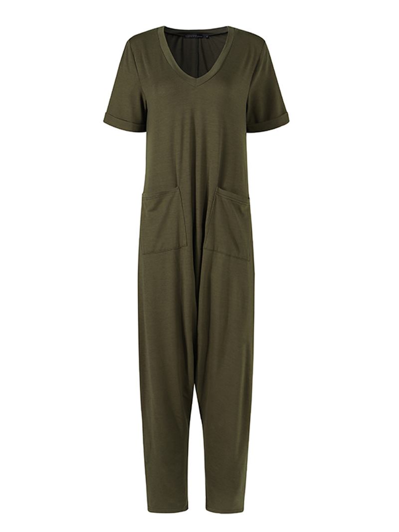 Kvinnor Kortärmad V-hals Loose Pocket Harem Jumpsuits