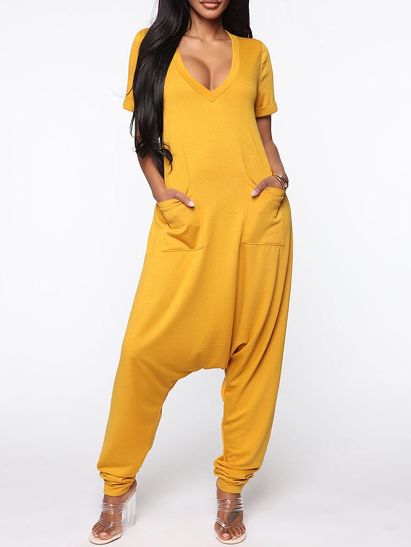 Kvinnor Kortärmad V-hals Loose Pocket Harem Jumpsuits