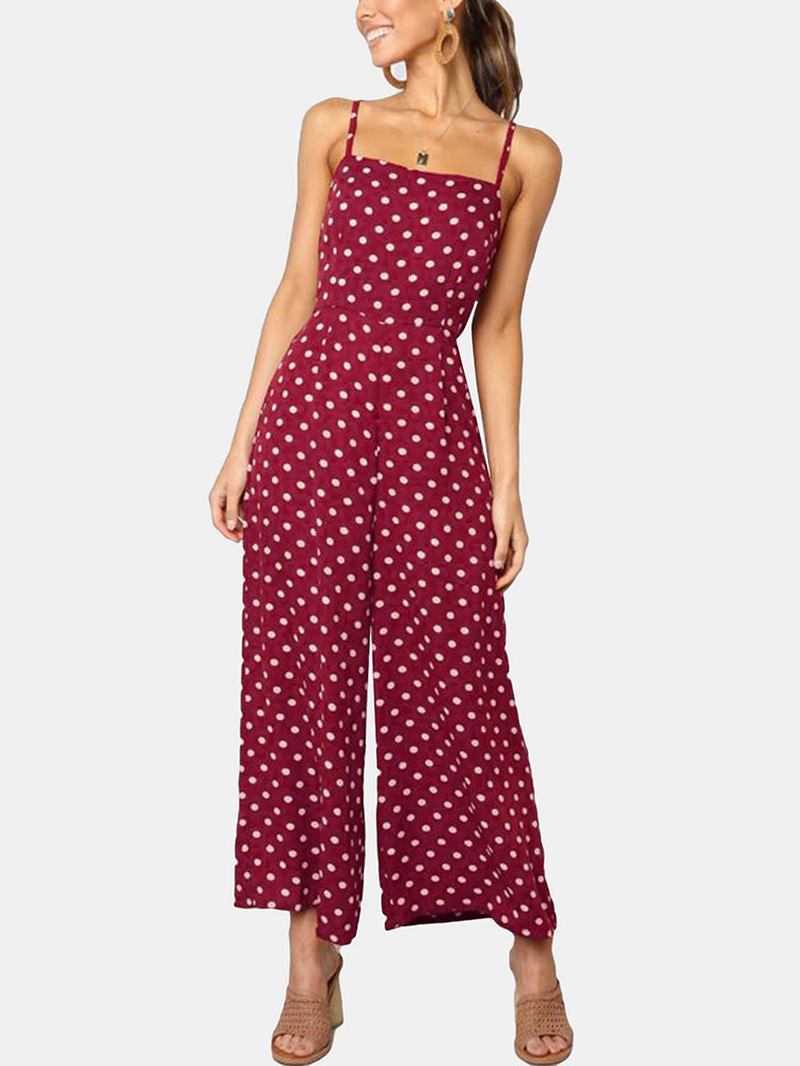 Kvinnor Polka Dot Spaghetti Strap Long Rompers Wide Leg Jumpsuit