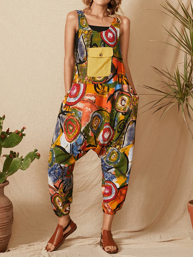 Vintage Graffiti Med Tryck Patchwork Strap Ärmlös Pocket Jumpsuit