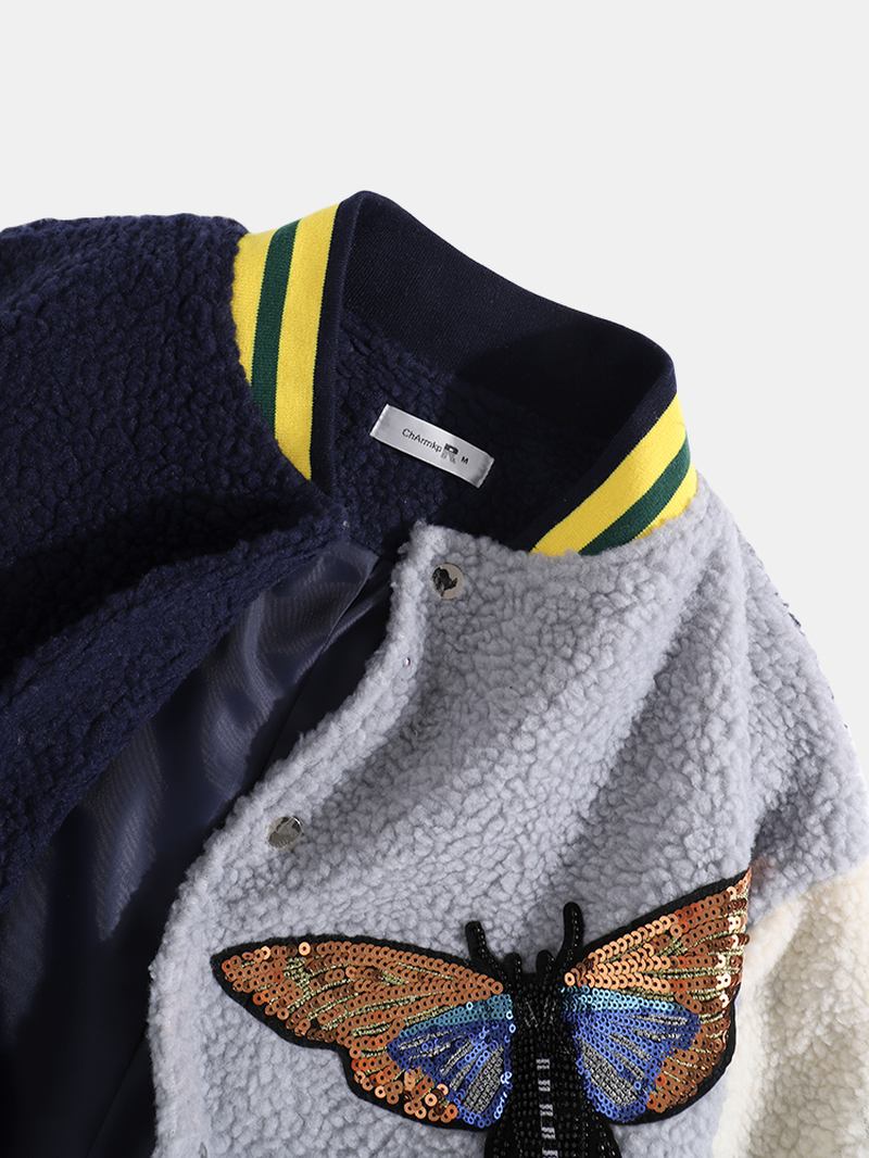 Herr Butterfly Sequ Applique Patchwork Pocket Baseball Collar Teddy Jacka