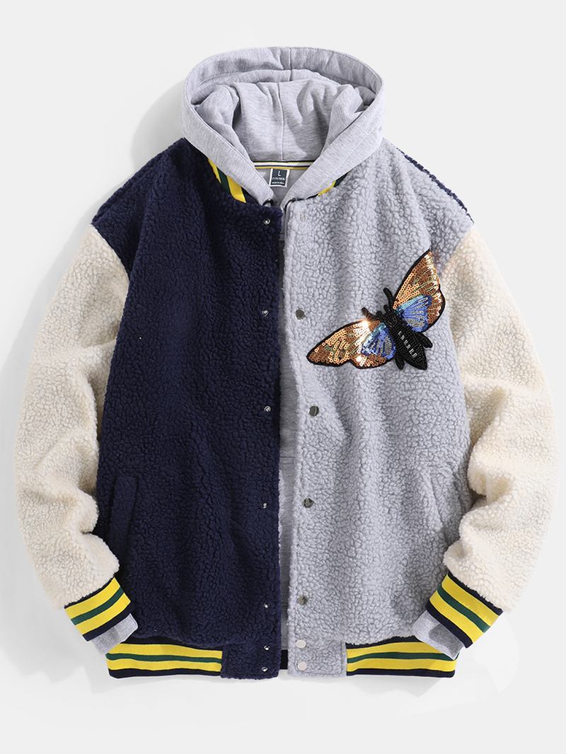 Herr Butterfly Sequ Applique Patchwork Pocket Baseball Collar Teddy Jacka