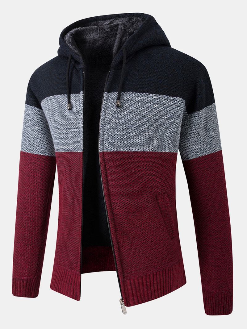 Herr Colorblock Ullstickning Tjock Varm Långärmad Hoodie Jacka