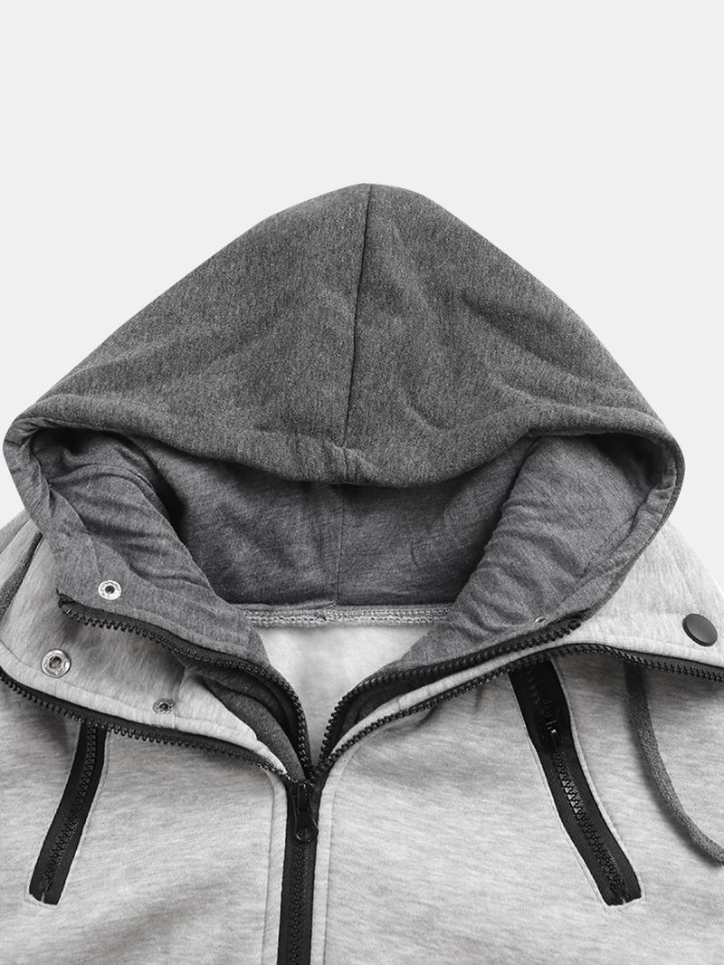 Herr Contrast Faux Twinset Zip Front Casual Hood Jacket