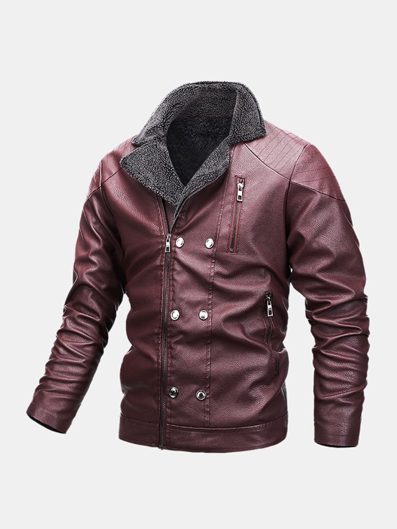 Herr Multi Pocket Zipper Button Långärmad Varm Pu-läder Biker Jacket