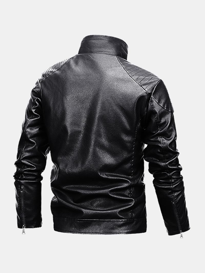 Herr Multi Pocket Zipper Button Långärmad Varm Pu-läder Biker Jacket