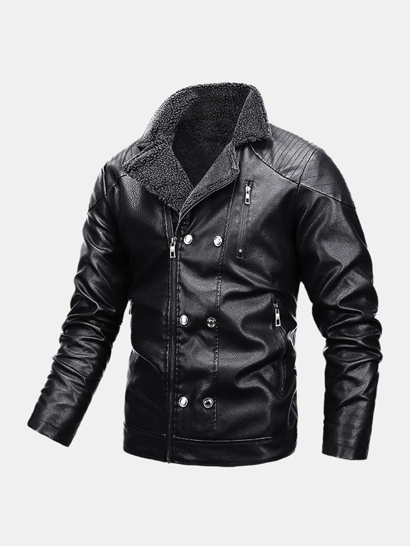 Herr Multi Pocket Zipper Button Långärmad Varm Pu-läder Biker Jacket