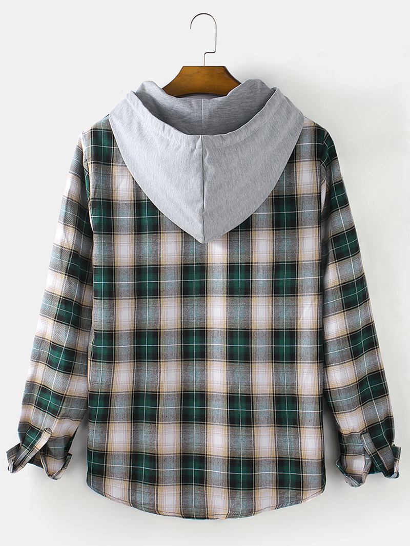 Herr Pläd Böjd Fåll Långärmad Relaxed Fit Hood Shirts Med Dragsko