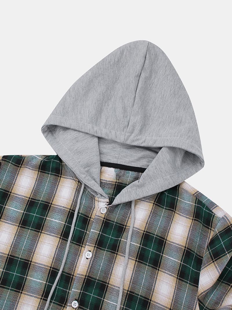 Herr Pläd Böjd Fåll Långärmad Relaxed Fit Hood Shirts Med Dragsko