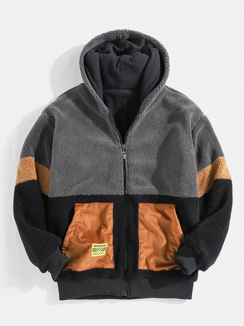 Herr Sherpa Fleece Patchwork Zip Up Bomull Casual Huvjacka Med Ficka