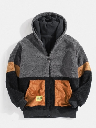 Herr Sherpa Fleece Patchwork Zip Up Bomull Casual Huvjacka Med Ficka