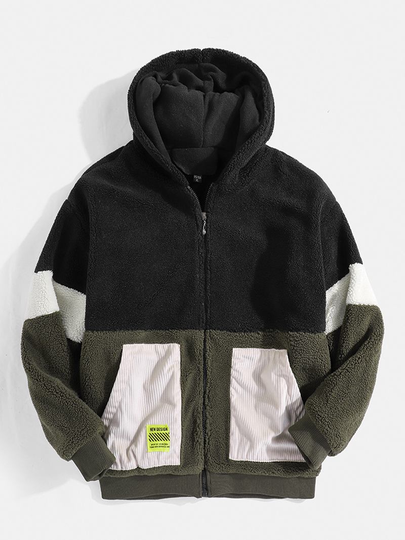 Herr Sherpa Fleece Patchwork Zip Up Bomull Casual Huvjacka Med Ficka