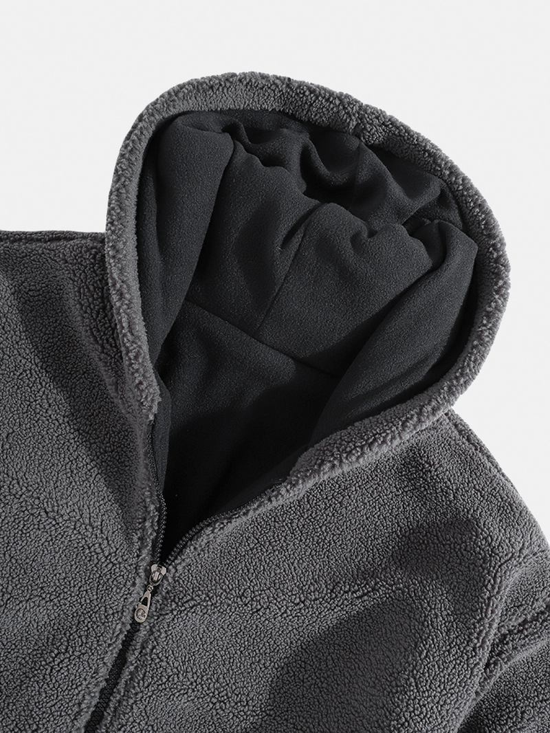 Herr Sherpa Fleece Patchwork Zip Up Bomull Casual Huvjacka Med Ficka