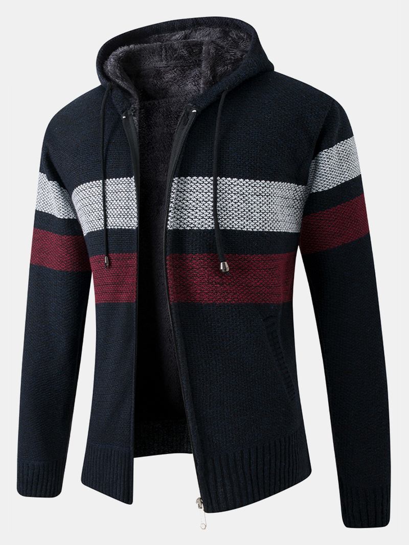 Herr Stripe Colorblock Dragkedja Tjock Varm Stickad Tröja Hoodiejacka