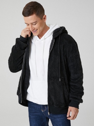 Herr Svart Plysch Varm Långärmad Pocket Teddy Hooded Jacka