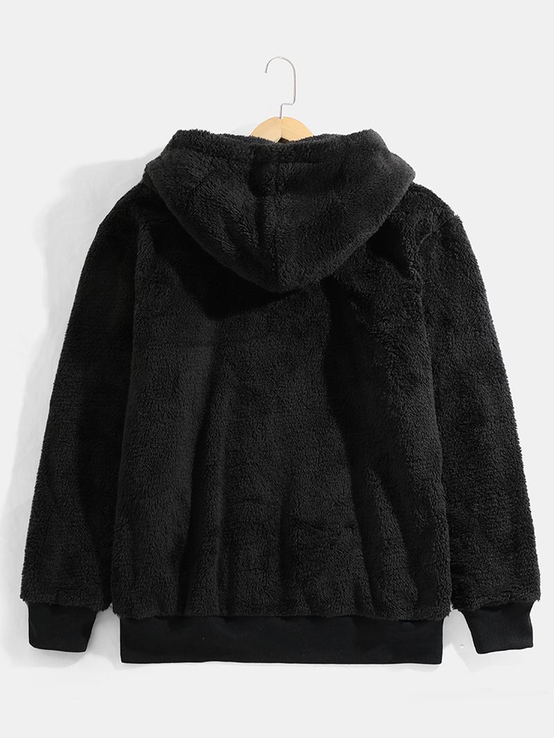 Herr Svart Plysch Varm Långärmad Pocket Teddy Hooded Jacka