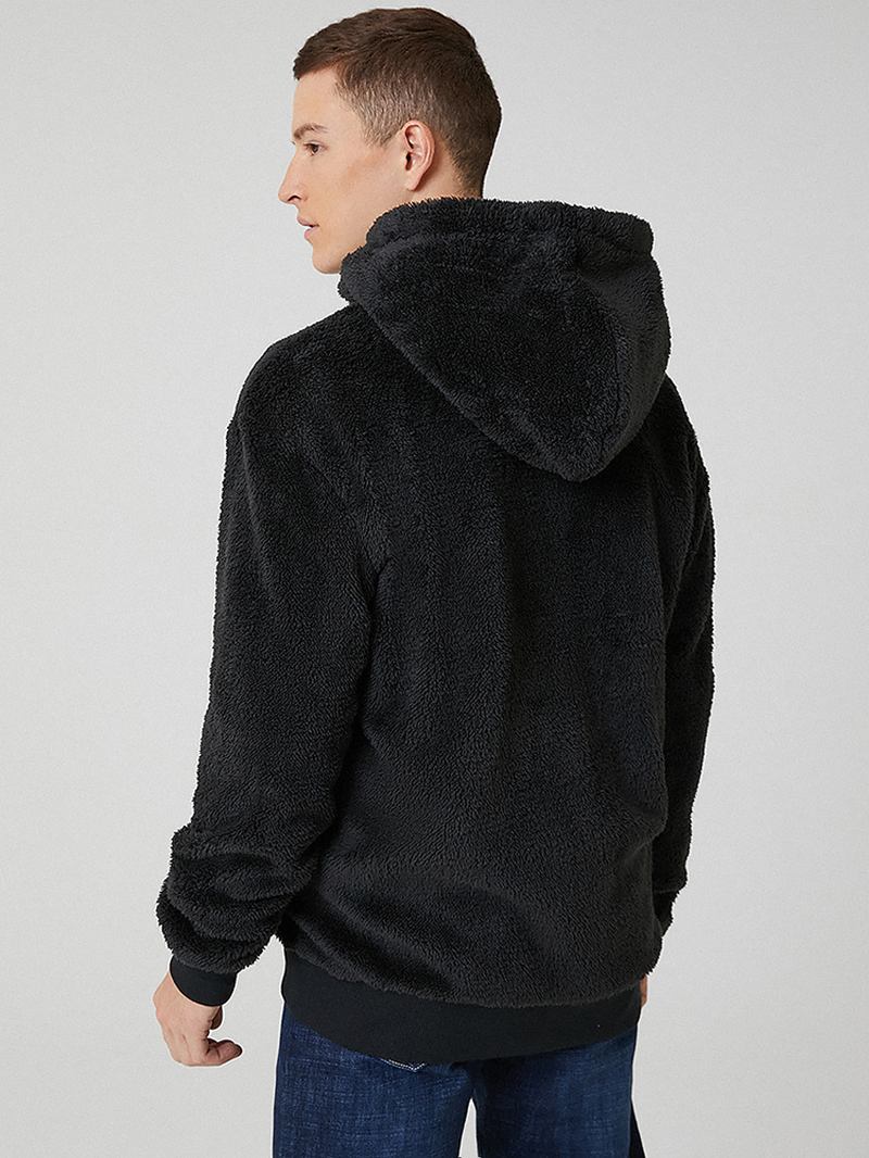 Herr Svart Plysch Varm Långärmad Pocket Teddy Hooded Jacka