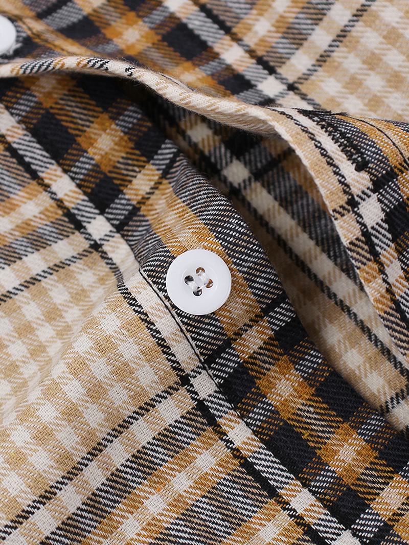 Herr Tartan Button Up Långärmad Böjd Fåll Loose Fit Huvjacka Med Dragsko