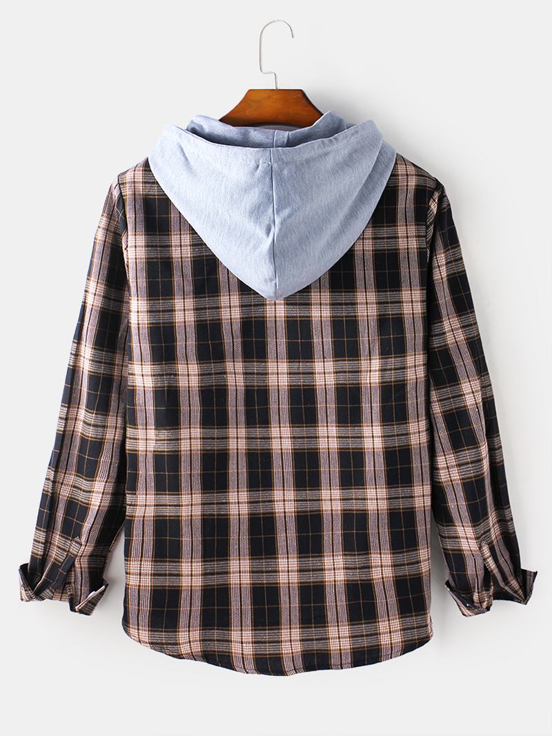 Herr Tartan Button Up Långärmad Casual Loose Huvjacka Med Dragsko