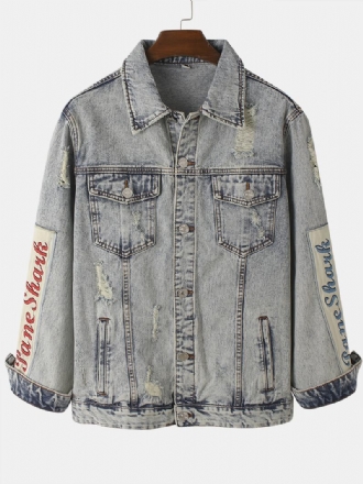 Herr Vintage Distressed Ripped Patch Casual Bomull Jeansjacka