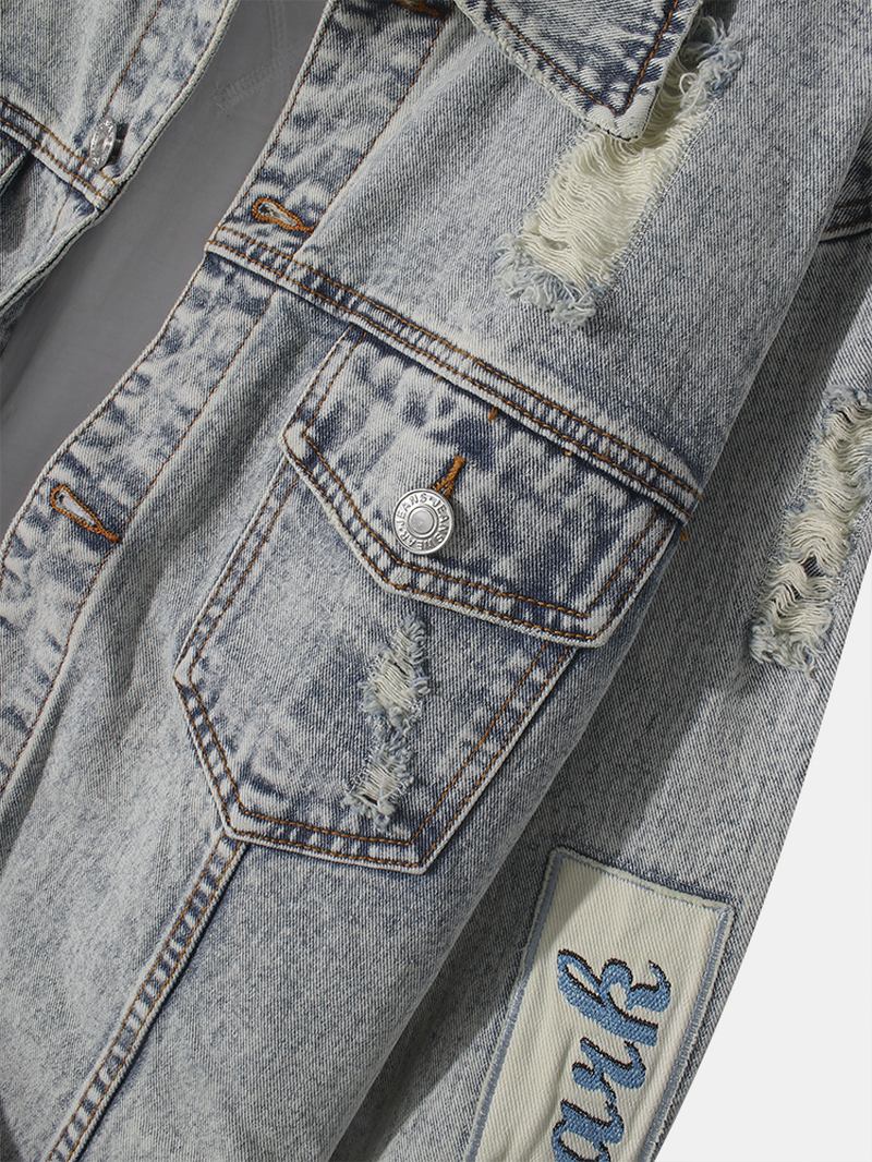 Herr Vintage Distressed Ripped Patch Casual Bomull Jeansjacka