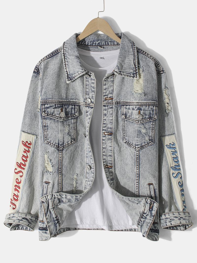 Herr Vintage Distressed Ripped Patch Casual Bomull Jeansjacka