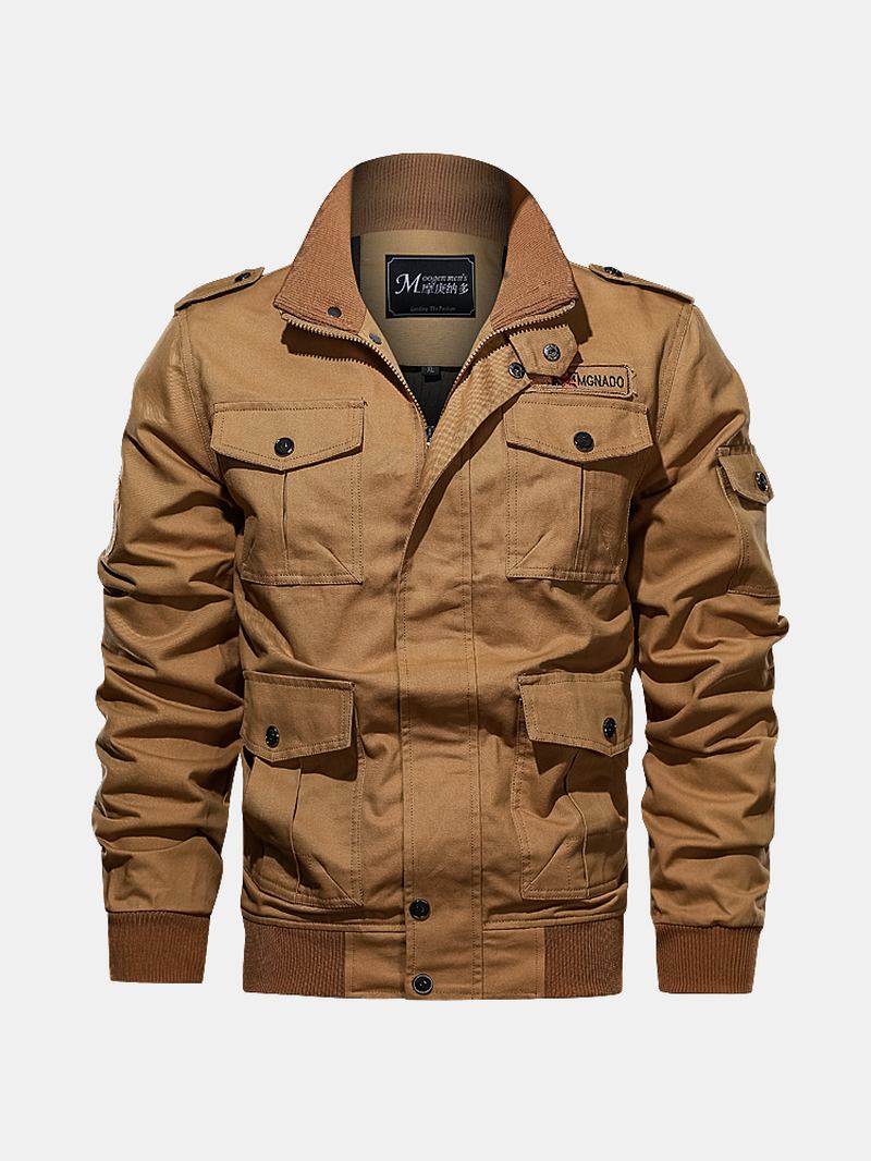 Män 100% Bomull Badge Zip Front Outdoor Cargo Jacka Med Multi Pocket