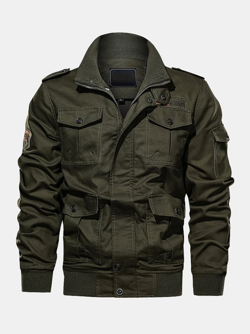 Män 100% Bomull Badge Zip Front Outdoor Cargo Jacka Med Multi Pocket