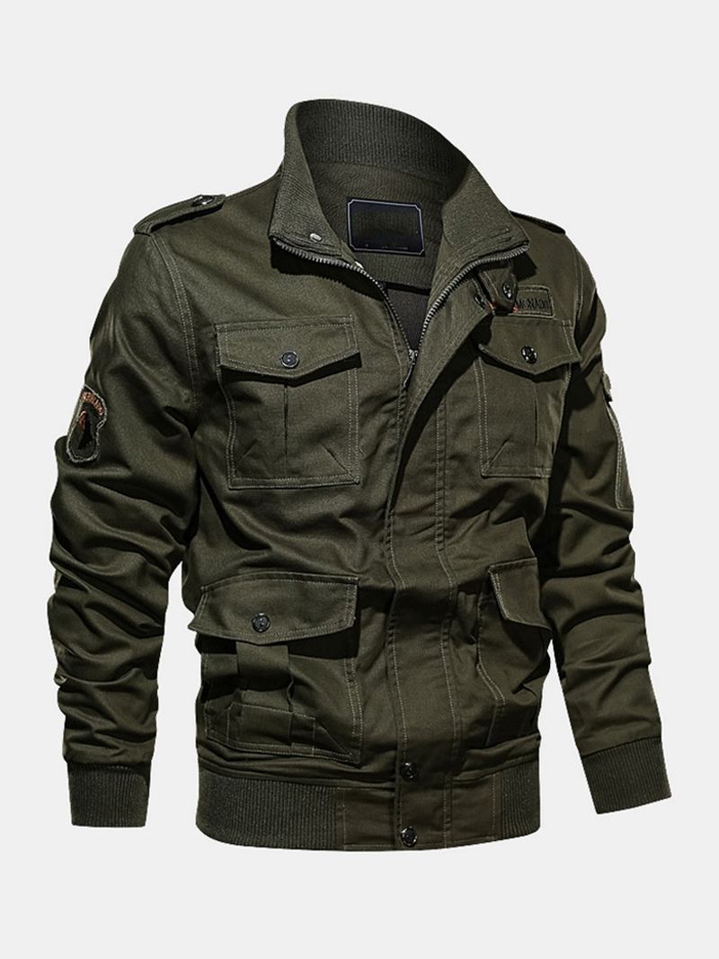 Män 100% Bomull Badge Zip Front Outdoor Cargo Jacka Med Multi Pocket