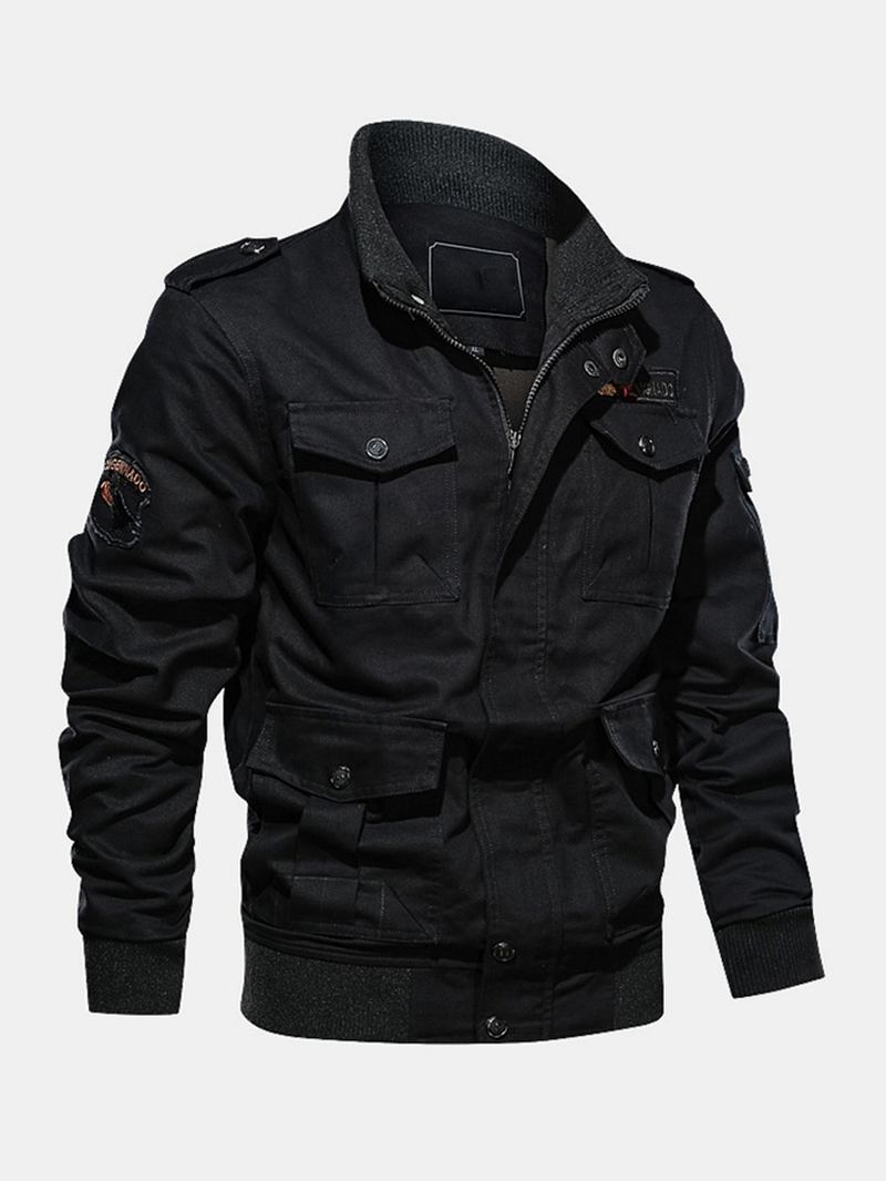 Män 100% Bomull Badge Zip Front Outdoor Cargo Jacka Med Multi Pocket