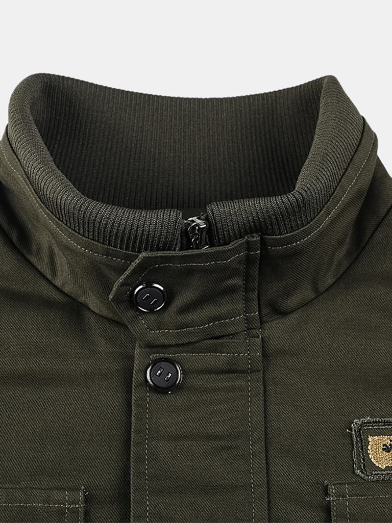 Män 100% Bomull Badge Zip Front Outdoor Cargo Jacka Med Multi Pocket