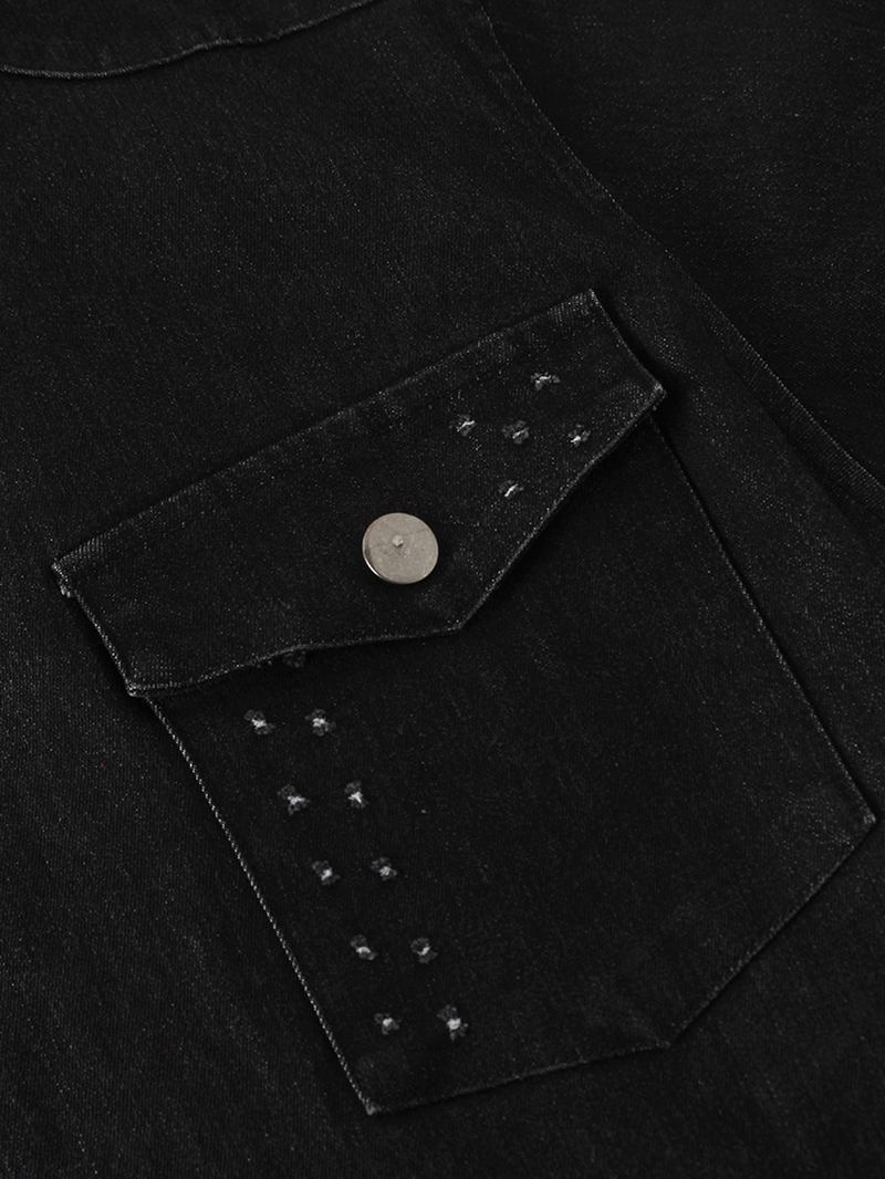 Män Animal Back Med Tryck Lapel Double Pocket Svart Jeansjacka