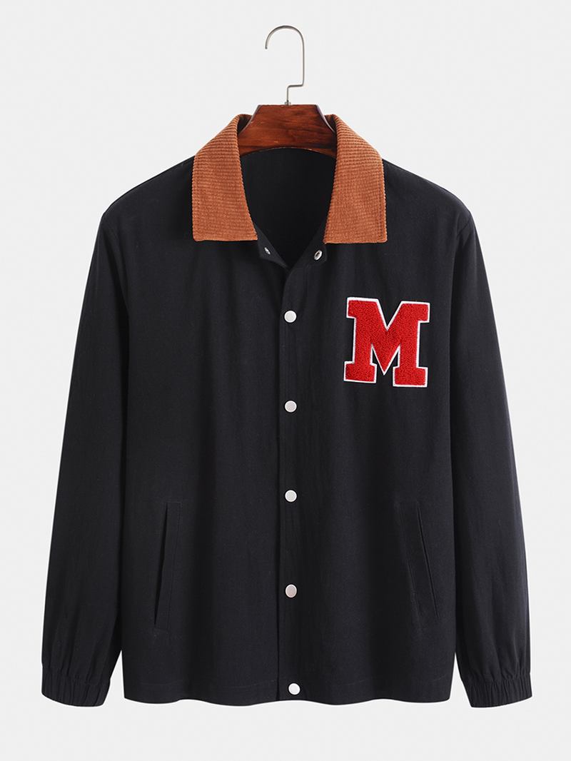 Män Corduroy Patchwork Lapel Letter Button Up Fickor Peppy Jackor