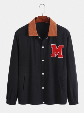 Män Corduroy Patchwork Lapel Letter Button Up Fickor Peppy Jackor