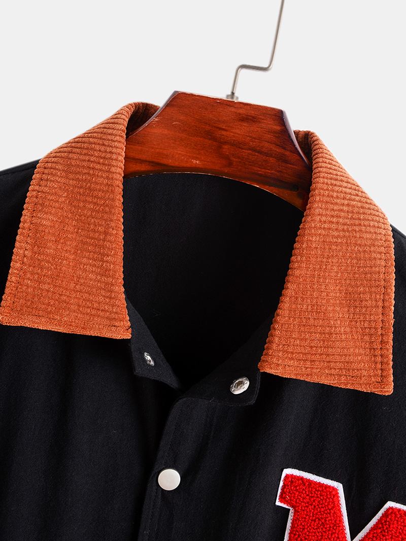 Män Corduroy Patchwork Lapel Letter Button Up Fickor Peppy Jackor