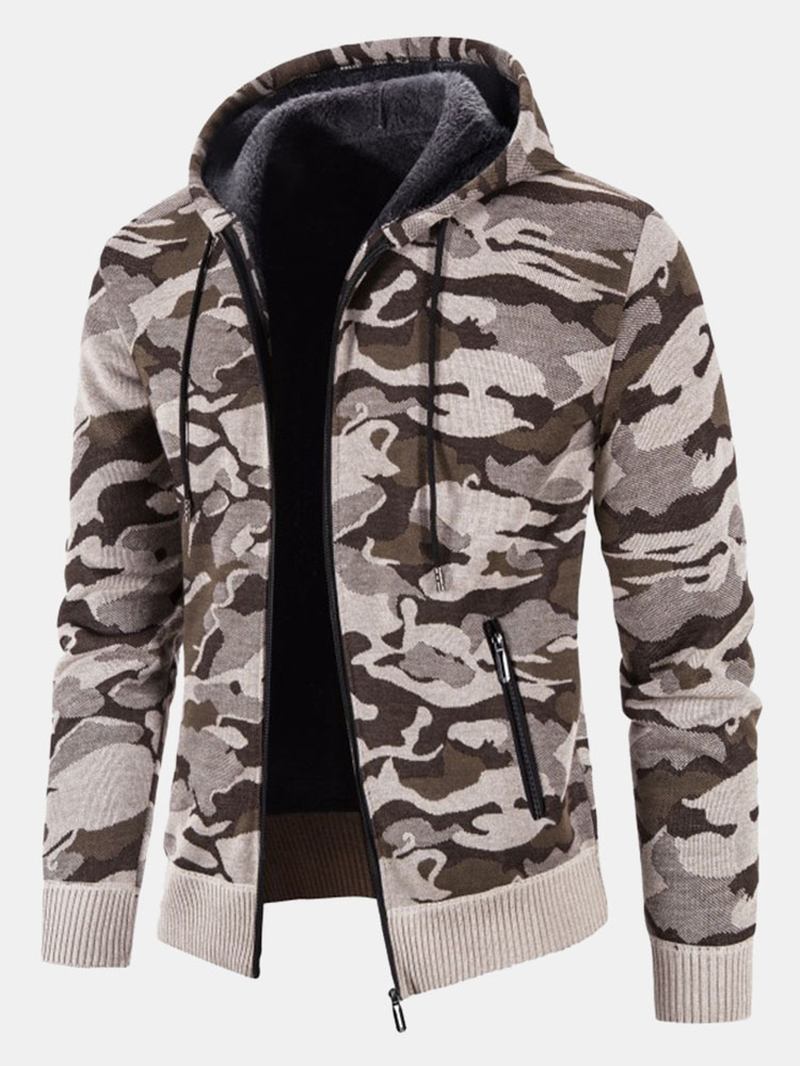 Män Cotton Camo Tryckt Plysch Fodrad Dragkedja Slant Pockets Jackor