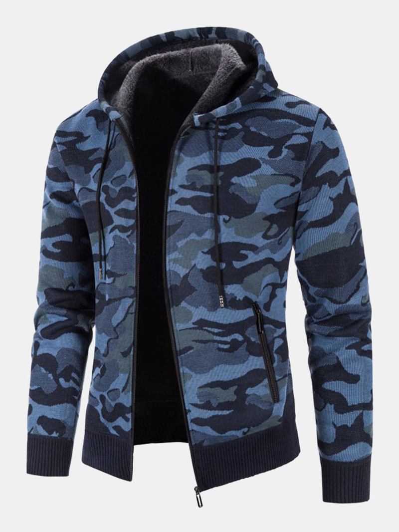 Män Cotton Camo Tryckt Plysch Fodrad Dragkedja Slant Pockets Jackor